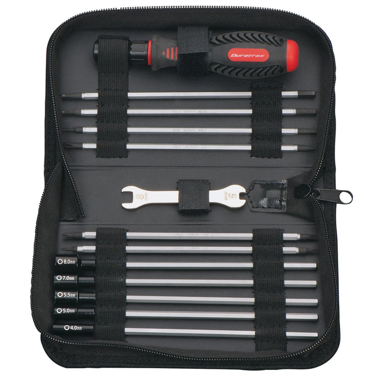 Tool set with pouch (includes 1.5mm, 2.0mm, 2.5mm, 3.0mm, 3.5mm, 4mm drivers/ 4mm, 5mm, 5.5mm, 7mm and 8mm nut drivers/ 2mm, 4mm, and 5mm slotted screwdrivers/ #00 Phillips, #0 Phillips, and #1 Phillips screwdrivers/ 4mm and 8mm wrench/ driver handle