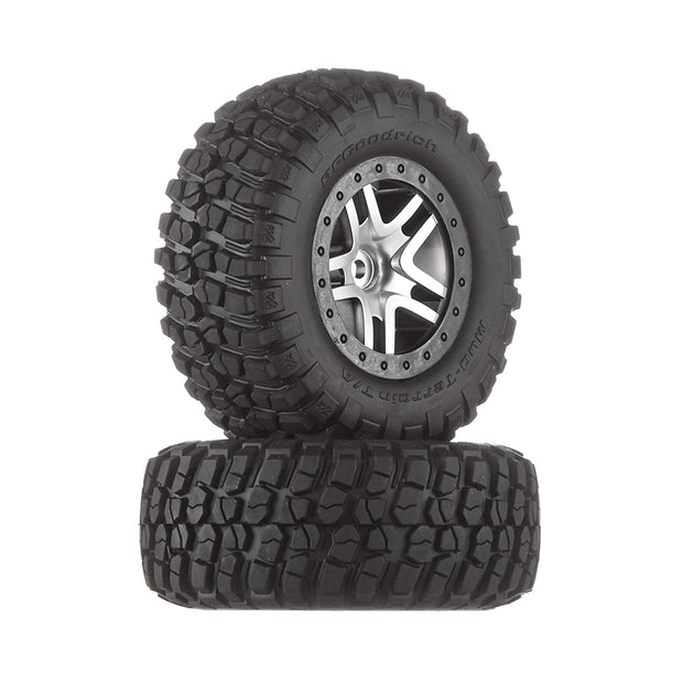 Tires & wheels, assembled, glued (SCT Split-Spoke satin chrome, black beadlock style wheels, BFGoodrich® Mud-Terrain™  T/A® KM2 tires, foam inserts) (2) (4WD f/r, 2WD rear) (TSM rated)