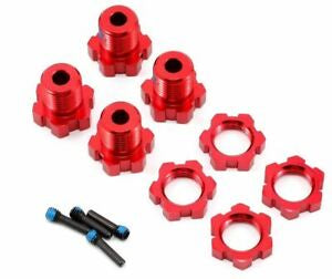 Wheel hubs, splined, 17mm (red-anodized) (4)/ wheel nuts, splined, 17mm (red-anodized) (4)/ screw pins, 4x13mm (with threadlock) (4)