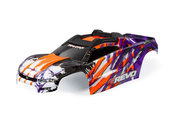 Body, E-Revo®, orange/ Purple window, grille, lights decal sheet (assembled with front & rear body mounts and rear body support for clipless mounting)