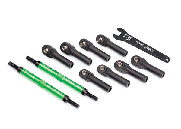 Toe links, E-Revo® VXL (TUBES Green-anodized, 7075-T6 aluminum, stronger than titanium) (144mm) (2)/ rod ends, assembled with steel hollow balls (8)/ aluminum wrench, 10mm (1)