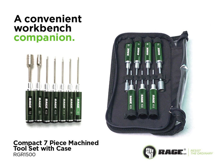 Rage 7 pc compact Machined Tool set 1x FH , 1x PH , 1x 1.5mm , 1x 2.0mm , 1x 2.5mm 1x 5.5mm & 7.0mm Hex Nut  Drivers