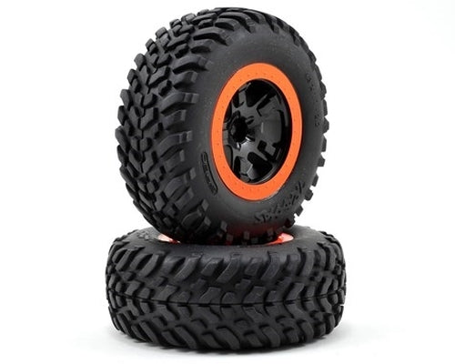 Tires & wheels, assembled, glued (SCT Split-Spoke Black, Orange beadlock style Wheel  T/A® KM2 tires, foam inserts) (2) (4WD f/r, 2WD rear)