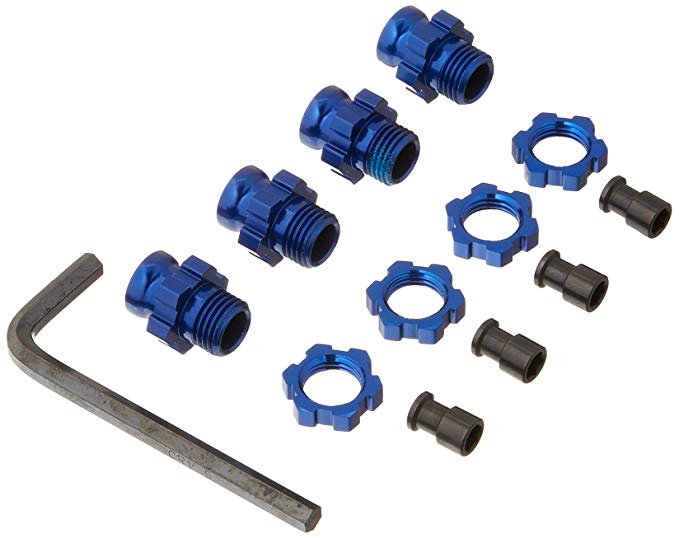 Wheel hubs, splined, 17mm, short (4)/ wheel nuts, splined, 17mm (4) (blue-anodized)/ hub retainer M4 X 0.7 (4)/ axle pin (4)/ wrench, 5mm