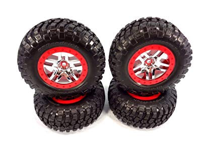 Tires & wheels, assembled, glued (SCT Split-Spoke chrome, red beadlock style wheels, BFGoodrich® Mud-Terrain™  T/A® KM2 tires, foam inserts) (2) (4WD f/r, 2WD rear)