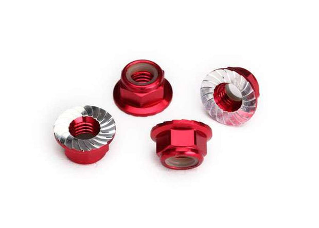 Nuts, aluminum, flanged, serrated (4mm) (Red-anodized) (4)