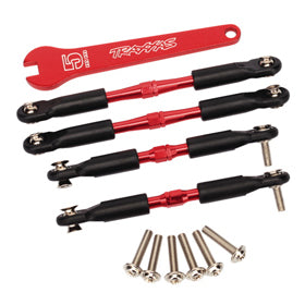 Turnbuckles, aluminum (red-anodized), camber links, front, 39mm (2), rear, 49mm (2) (assembled w/ rod ends & hollow balls)/wrench