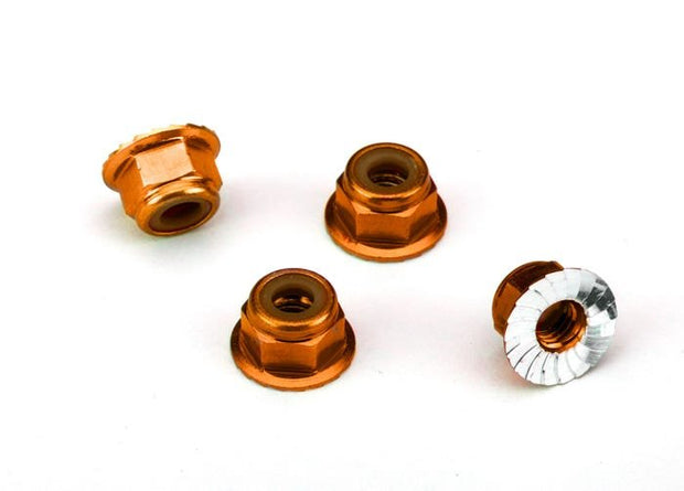 Nuts, aluminum, flanged, serrated (4mm) (Orange) (4)